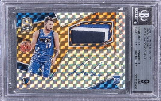 2018-19 Panini Spectra "Neon Orange" #108 Luka Doncic Signed Patch Rookie Card (#1/5) – BGS MINT 9/BGS 10